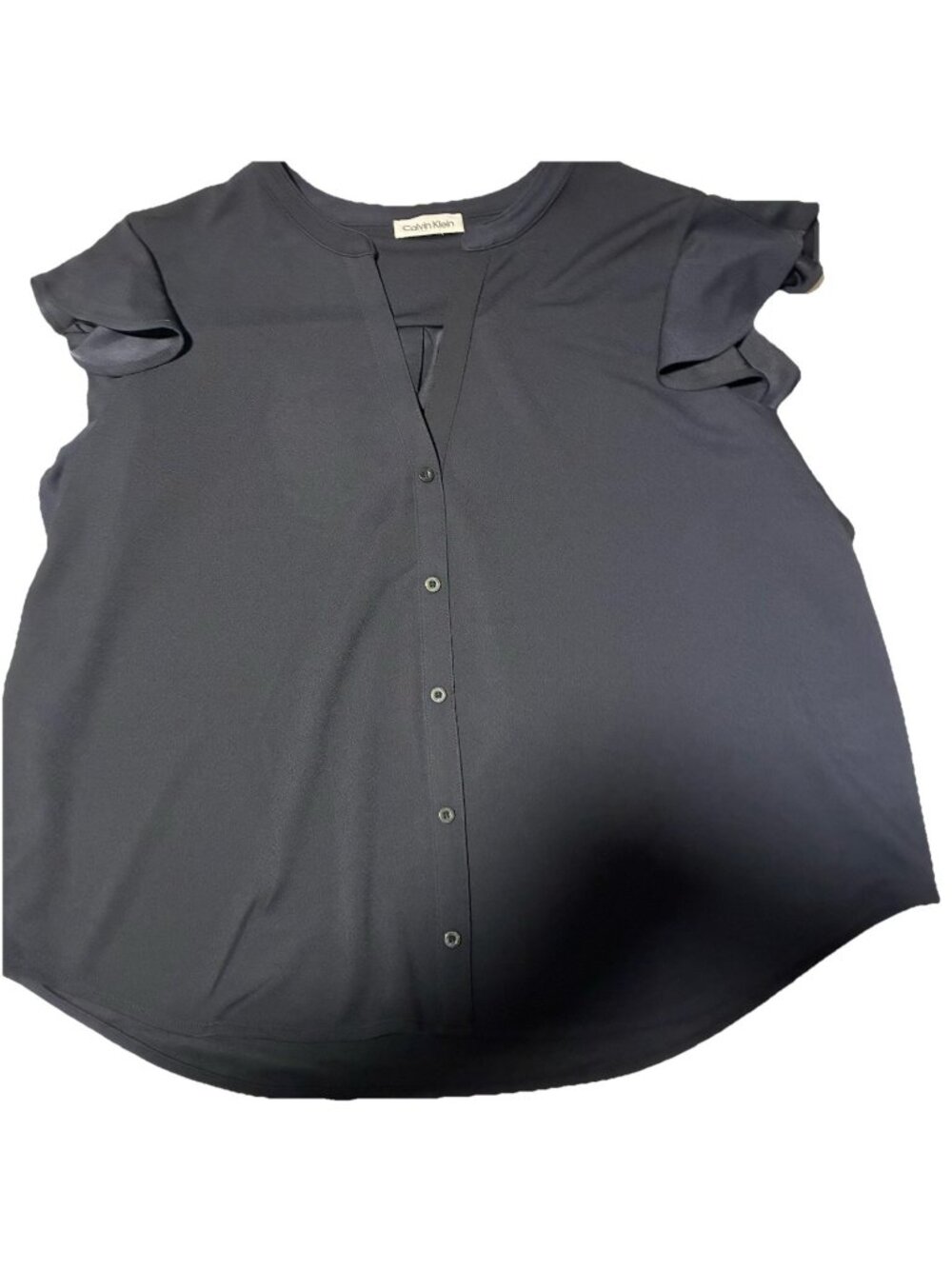 Calvin Klein Top Womens XL Black Ruffle Short Cap Sleeve V-Neck Solid Blouse